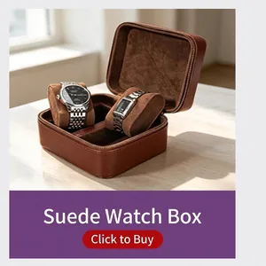 Close-up of brown leather watch storage box with velvet interior and double slots