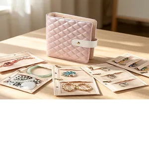 Detailed view of the open pink quilted jewelry roll organizer with rings and earrings.