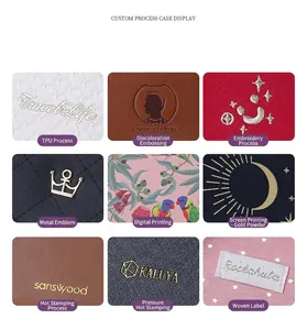 Macro details of customization options for jewelry organizer including embroidery and hot stamping.