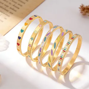 Bracelet Jonc en Acier Inoxydable Plaqué Or 18K Émail Motif Cœur Nuage Ovale Étoile Bijoux de Mode Cadeau pour Femmes