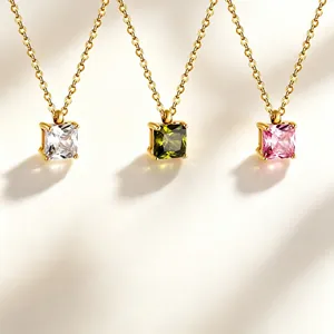 Collier Pendentif En Oxyde De Zirconium Carré Acier Inoxydable Plaqué Or 18 Carats Bijoux Géométriques Minimalistes Femme