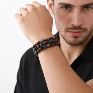 Stackable natural stone tiger eye bracelet with yellow, red, and blue beads