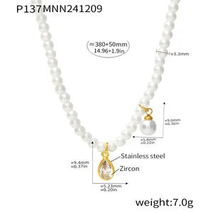 Detailed measurements of a shell pearl necklace with teardrop zircon pendant and steel.