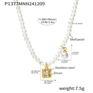 Technical detail view of shell pearl necklace with square zircon pendant and dimensions
