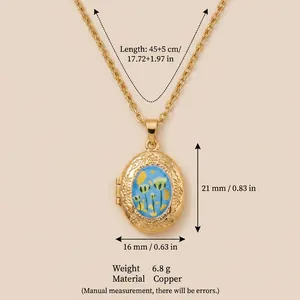 Dettaglio della collana medaglione vintage in rame con smalto floreale e dimensioni precise.