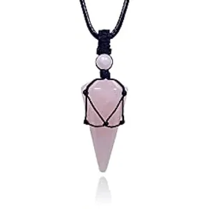 Detail view showing the natural pink rose quartz hexagonal point pendulum necklace