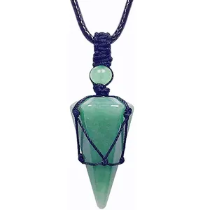Detailed view of a green natural stone pendulum necklace with black braided cord
