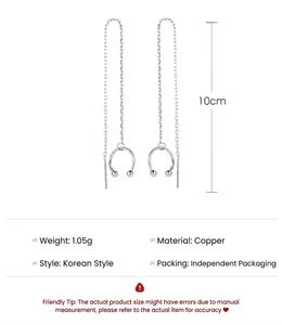 Long silver chain tassel ear cuff earrings without piercing 10cm length in copper