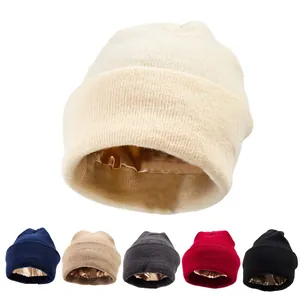 Strickmütze Beanie Mit Satinfutter Haarpflege Warm Winter Fest Farbe Gerippte Totenkopfkappe Für Damen Herren