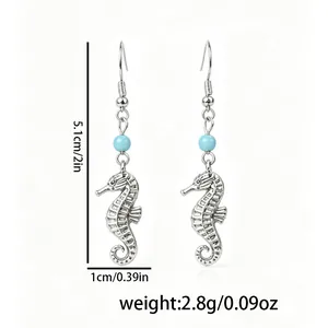 Boucles d'oreilles hippocampe rétro avec perles turquoise et guide des tailles détaillé
