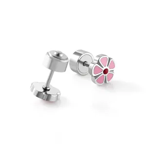 Detailed view of pink flower stainless steel stud earrings with secure screw back