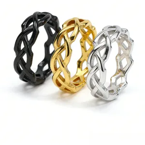 Premium set of three braided stainless steel rings in black, gold, and silver finishes