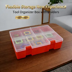 Multi-compartment orange plastic storage box with translucent lid for tools and toys
