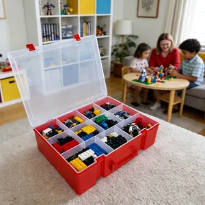 Portable red storage box with 15 compartments for toy building blocks and tools