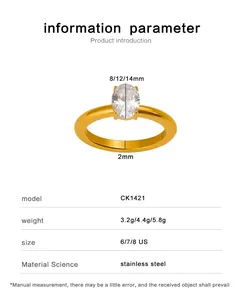 Detailed specifications of the stainless steel ring featuring a large oval zircon stone
