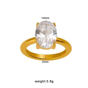 Oval white zircon ring with 18K gold plated finish, showing 14mm stone dimension.