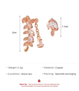 Rose gold leaf zircon ear cuff and earring set showing dimensions and specifications.