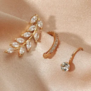 Luxury gold-tone zircon ear cuff set with marquise leaf and minimalist crystal designs
