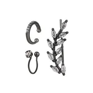 Gunmetal zircon ear cuff earring set with leaf vine design and marquise stones