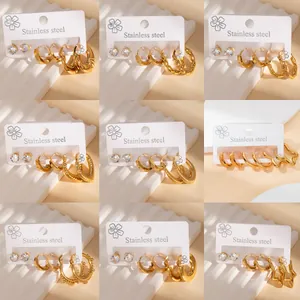 Set Orecchini a Bottone e Cerchio Placcati Oro in Acciaio Inossidabile Per Donna Zirconia Stella Bamboo Orecchini Gioielli