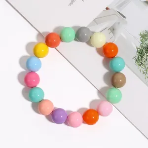 Close-up detail of a colorful simulated pearl elastic bracelet with multi-colored round beads.