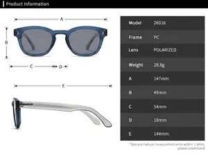 Detaillierte Größentabelle für polarisierte Rund-Sonnenbrillen Modell 26016.