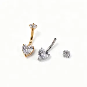 Heart-shaped CZ 316L stainless steel belly button ring set in gold and silver finish