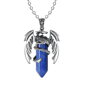 Vintage silberner Drache gewickelt um einen blauen Lapislazuli Kristallanhänger Kette