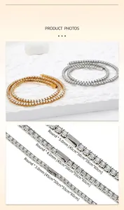 Detailed view of silver and gold tennis chains featuring 3mm to 5mm cubic zirconia.