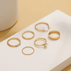 Close-up of a vintage gold-finished ring set with pearl and rhinestone details.