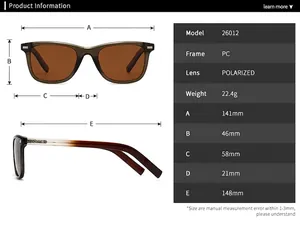 Detailed size guide for polarized square frame sunglasses with frame and lens dimensions