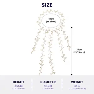 Detailed size guide for bridal pearl vine headpiece showing height and diameter.