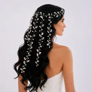 Handmade Artificial Pearl Hair Vine Bridal Headpiece Gold Alloy Wire Long Tassel Branch Hair Accessory For Wedding Party Women Jewelry