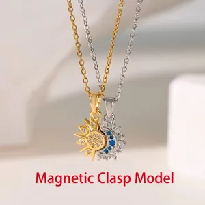 Sun and moon magnetic couple necklaces with sparkling stones in gold and silver finish
