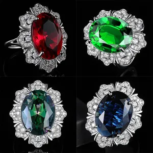 Übertriebener Luxus Vintage Oval Edelstein Blumencluster Ring Für Damen Platiniert Kupfer Verstellbar Offen Ring Schmuck