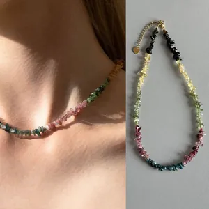 Collier en Perles de Tourmaline Naturelle Coeur Pierre Multicolore Acier Inoxydable Plaqué Or 18K Bijoux Femme Cadeau