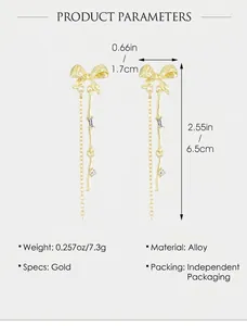 Detailed product parameters view of elegant gold bow tassel earrings with alloy material specs.