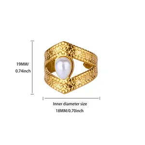 Vintage gold stainless steel ring with faux pearl showing height and inner diameter size