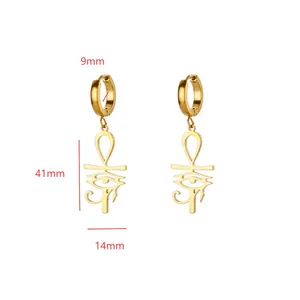 Detail view of gold plated Eye of Horus earrings with 9mm, 41mm, and 14mm dimensions.