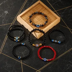 Boheemse Legering Boze Oog Kralen Armband Voor Dames Heren Tijgeroog Hematiet Elastisch Strass Hamsa Charm Sieraden