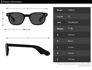 Tableau des spécifications techniques détaillées pour lunettes de soleil polarisées.