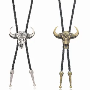 Vintage Western Cowboy Bolo-Krawatte Retro Stierschädel Legierung Anhänger PU-Leder Geflochtenes Seil Herren Damen Zubehör