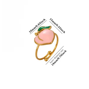 Detailed view showing dimensions of pink peach fruit enamel open ring in gold finish