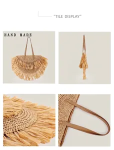 Detailed views showing the front, side, and base of a handmade woven straw bag with fringe