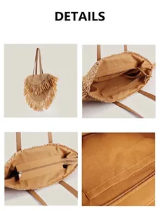 Close-up detail of woven straw beach bag interior compartment, zipper pocket and fringe texture