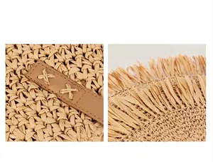 Close-up of straw woven bag showing fringe details and durable leather strap stitching.