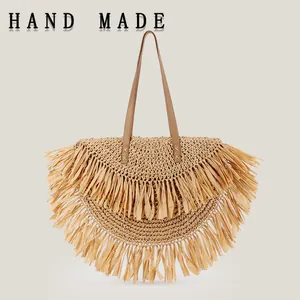 Woven Shoulder Bag Paper Straw Beach Tote With Fringe Tassels Bohemian Summer Vacation Large Handbag Shell Shape Women