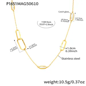 Detailed view of the long gold stainless steel necklace with faceted Czech glass inserts