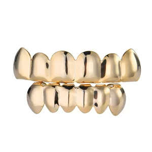 Ensemble premium de grillz de dents hip-hop plaqué or brillant avec motif treillis