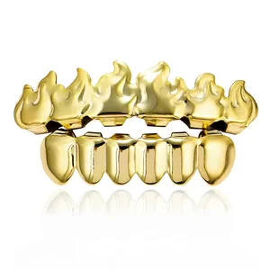 Gold-plated hip-hop grillz with upper flame design for men and women stylish accessories